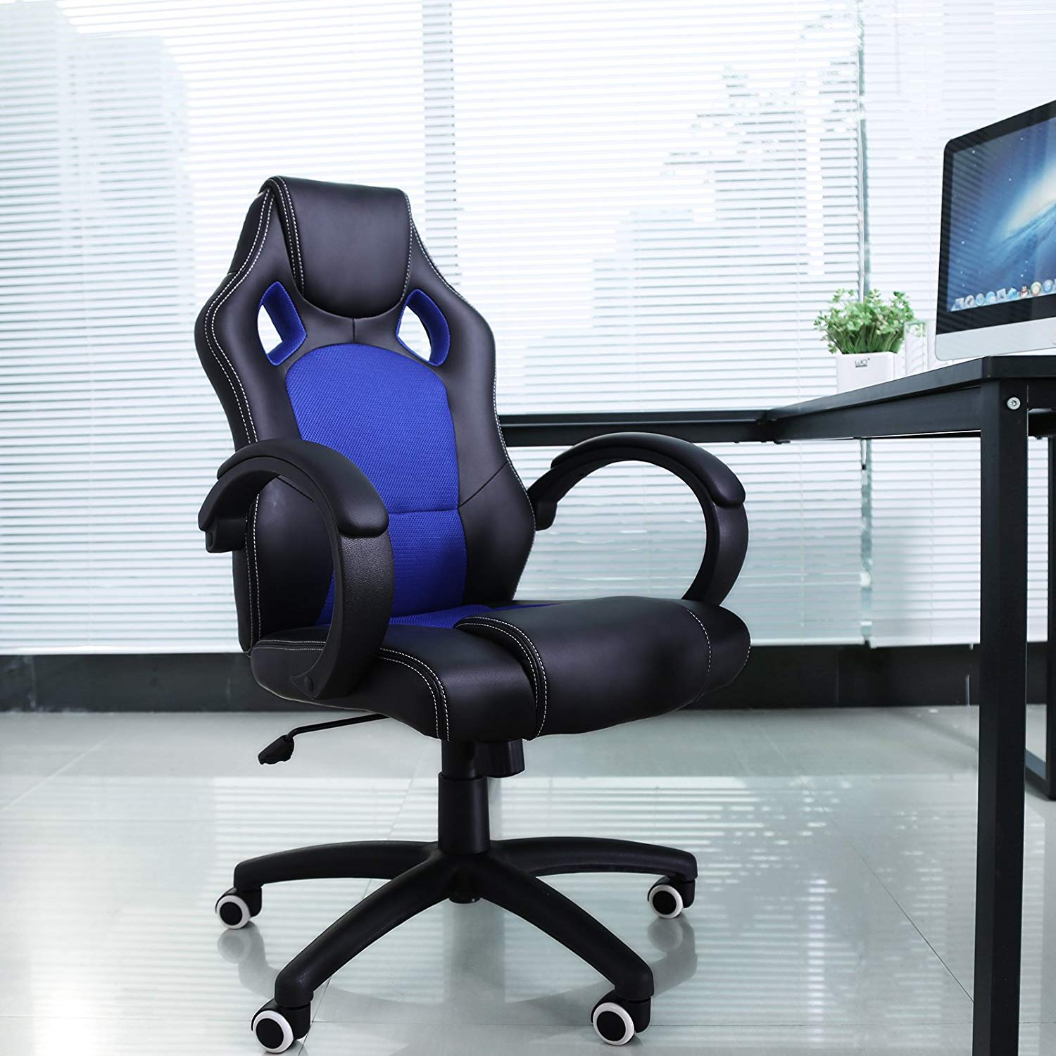 Boomersun Silla ergonómico Silla giratoria de Escritor,Silla de Oficina,Silla de Malla,Angulo Ajustable Altura Ajustable,Uso doméstico,Soporte Lumbar,Transpirable,Carga máxima 120kg Azul